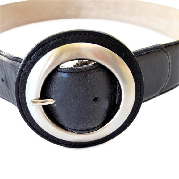 Leather Belt Wide Antique Silver Round Buckle L - Picture 3 of 6